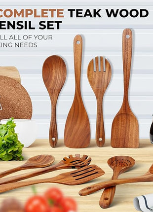SPATUAMZ Wooden Spoons for Cooking, Wooden Kitchen Utensils Set, Natural Teak Cooking Spatula Set of 9 for Nonstick Pans and Cookware