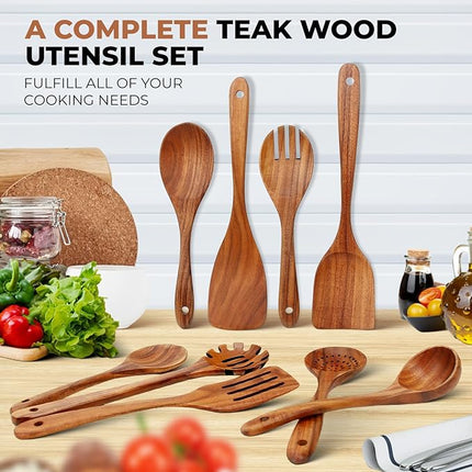 SPATUAMZ Wooden Spoons for Cooking, Wooden Kitchen Utensils Set, Natural Teak Cooking Spatula Set of 9 for Nonstick Pans and Cookware