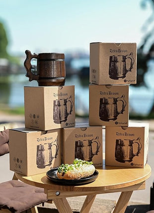 Set of 6 Beer Mug 20 OZ - Tankard Mug - Beer stein - Wooden beer mug - Stainless Steel Cup - Handmade Gifts for Men - Fathers Day, Christmas or Birthday Gift Idea - Retro Brown