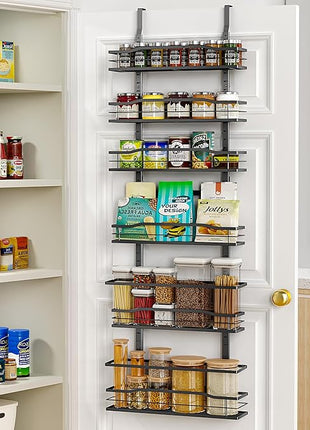 Moforoco 6-Tier Over The Door Pantry Organizer, Pantry Organization and Storage, Black Hanging Basket Cabinet Door Wall Spice Rack Shelves, Home & Kitchen Laundry Room Bathroom Essentials accessories
