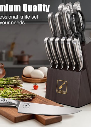 imarku® Knife Set, 15-Pieces HC Stainless Steel Kitchen Knife Set With Built in Knife Sharpener, Razor-Sharp Blade Knife Block Set With Non-Slip Handle, Dishwasher Safe, Best Birthday Gifts