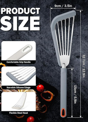 Silicone Fish Spatula Turner Set of 2, Thin Slotted Spatulas Turner for Nonstick Cookware,Heat Resistant Flexible Stainless Steel Kitchen Cooking Spatula Flipper for Fish, Egg, Pancake (KG)