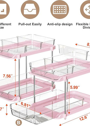 Delamu 2-Tier Multi-Purpose Bathroom Under Sink Organizers and Storage, Stackable Kitchen Pantry Organization, Pull Out Medicine Cabinet Organizer with Movable Dividers, Pink, 2 Pack
