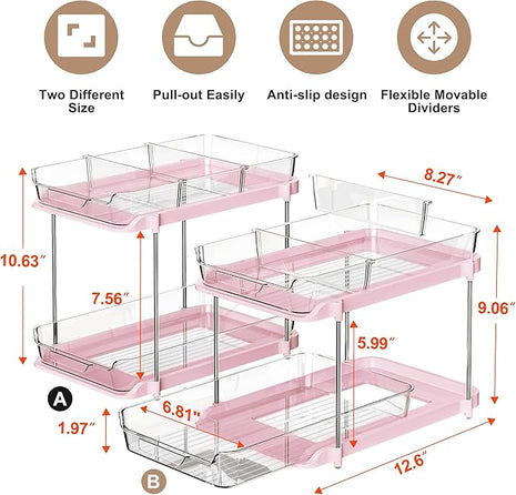 Delamu 2-Tier Multi-Purpose Bathroom Under Sink Organizers and Storage, Stackable Kitchen Pantry Organization, Pull Out Medicine Cabinet Organizer with Movable Dividers, Pink, 2 Pack