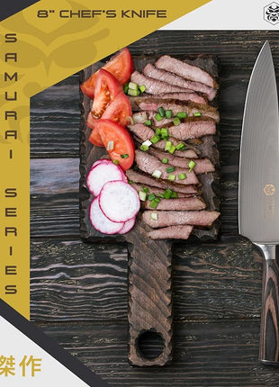 KESSAKU Chef Knife - 8 inch - Samurai Series - Razor Sharp Kitchen Knife - Forged 7Cr17MoV High Carbon Stainless Steel - Wood Handle with Blade Guard