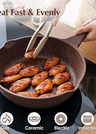 SENSARTE Nonstick Deep Frying Pan Skillet, 12-inch Saute Pan with Lid, Stay-Cool Handle, Healthy Cookware Cooking Pan with Cover, Induction Compatible (Toffee Brown)