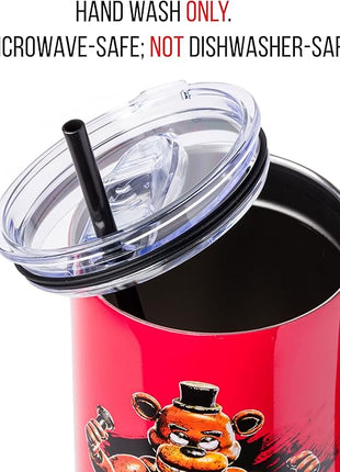 Silver Buffalo Five Nights At Freddy's “Let's Party” Stainless Steel Tumbler with Handle Featuring Freddy Fazbear, Fits in Standard Cup Holder, 40 Ounces