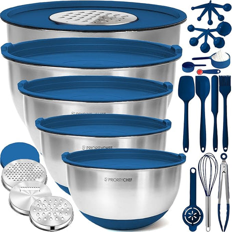 Priority Chef Stainless Steel Mixing Bowls with Lids Set, Metal Nesting Bowls with Airtight Lids, Graters, Non-Slip Base & Measurement Marks, Includes Utensil Set for Prep, Baking & Storage, Blue