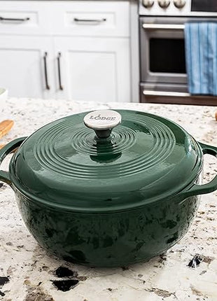 Lodge 6 Quart Enameled Cast Iron Dutch Oven with Lid – Dual Handles – Oven Safe up to 500° F or on Stovetop - Use to Marinate, Cook, Bake, Refrigerate and Serve – Evergreen