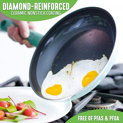 GreenLife Soft Grip Diamond Healthy Ceramic Nonstick 13 Piece Cookware Pots and Pans Set, PFAS-Free, Dishwasher Safe, Turquoise, Diamond Cookware