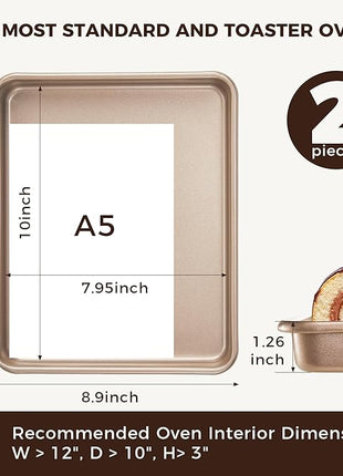 HONGBAKE 2 Pack 11 x 9 Inch Toaster Oven Pans and Trays, Small Baking Sheet Set for Cooking, Non-Stick Cookie Sheets, Heavy-Duty 0.8mm Thick, Easy to Clean, 1.26 Inch Deep, Gold