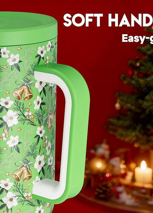 Meoky 40 oz Christmas Tumbler with Handle and Straw, Xmas Tumbler with Lid and Straw, Insulated Stainless Steel Travel Mug, Christmas Gifts for Women Men Adults (Jingle Bloom)