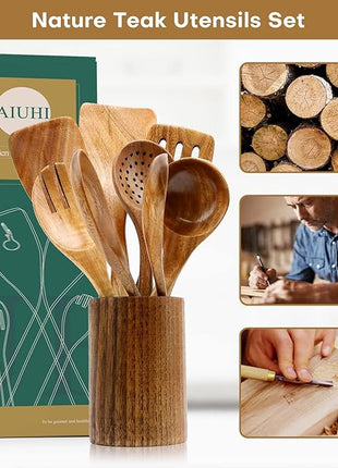 AIUHI Wood Spoons for Cooking, Nonstick Kitchen Utensil Set, Wooden Spoons Cooking Utensil Set Non Scratch Natural Teak Wooden Utensils for Cooking (Teak 8 Pack)