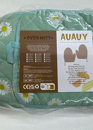 AUAUY Oven Mitts and Potholders, BBQ Gloves Heat Resistant, 1 Pair Oven Mitts and 2 Pot Holders, Cotton Non-Slip Cooking Gloves Home Essentials for Cooking Baking Kitchen Microwave Pizza (Daisy-Green)