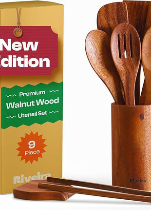 Riveira Walnut Wooden Spoons for Cooking Set of 9 – Natural Walnut Wooden Cooking Utensils, Spatula, Spoon - Premium Quality Utensil Set for Non-Toxic Cooking