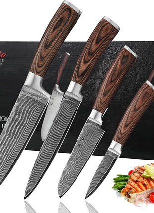 Wakoli EDIB 4-Piece Damascus Knife Set – Professional Chef Knives Set with VG10 Core Blades, 67-Layer Damascus Steel and Ergonomic Pakkawood Handles – Premium Kitchen Knives in Elegant Gift Box