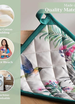 Maison d' Hermine Pot Holders Set 100% Cotton Heat Resistant Potholders 8" x 8" Hot Pads with Loop BBQ, Cooking, Baking, Grilling, Kitchen, Handling Hot Pans Spring/Summer (Pack of 2, Tropiques)