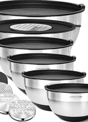 Priority Chef 6Pc Large Mixing Bowls With Lids Set with Non-Slip Bases, Stainless Steel Mixing Bowl Set, 6 Airtight Lids and 3 Graters, Black
