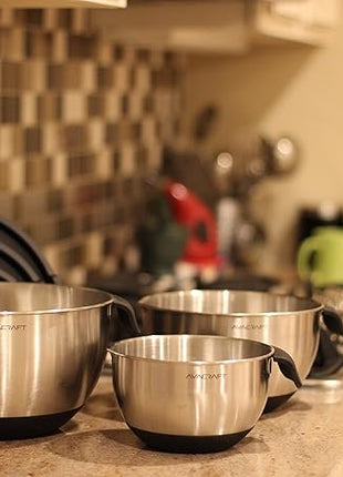 AVACRAFT 18/10 Stainless Steel Mixing Bowls with Lids, non slip silicone base bowls with Handle, Mixing Bowl Set with Pour Spouts & Measurement Marks, Home Essentials Cooking Bowls, (Black)