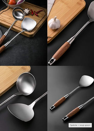 Wok Spatula and Ladle,304 Stainless Steel Utensils.Suitable for home use, hotel, restaurant.13.7-15Inch