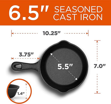 Commercial CHEF 6.5 Inch Cast Iron Skillet, Black