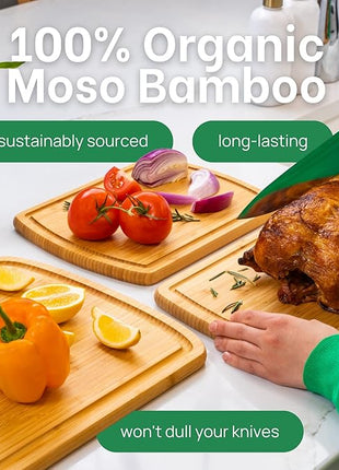 Organic Wood Cutting Boards for Kitchen for Chopping Vegetables, Carving Meat, Slicing Bread and Serving Charcuterie for Meal Time Prep, Holiday Gatherings, and Hosting Parties - Ideal for Home Chefs