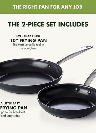 GreenPan Chatham Prime Midnight 8" and 10" Frying Pan Set, Hard Anodized Ceramic Nonstick, PFAS-Free, Dishwasher Safe, Oven Safe, Healthy Cooking Skillet for Eggs and Omelets, Black