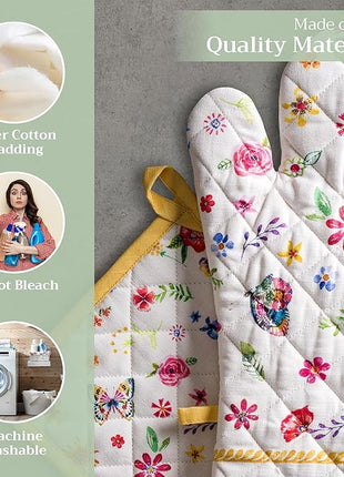 Maison d' Hermine 100% Cotton Oven Mitt & Pot Holder Set (7.5"x13" & 8"x8") Heat Resistant BBQ Cooking Gloves with Loop, Grilling, Kitchen, Handling Hot Pans Spring/Summer (Happy Florals - Sweety)