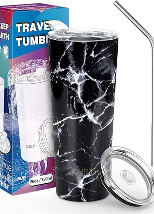 THILY Stainless Steel Vacuum Insulated Tumbler Travel Mug 26 oz Coffee Cup with 2 Lids and Straws, Splash Proof, Keep Ice Drinks Cold, Black Marble