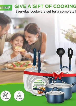 NutriChef 14-Piece Navy Blue Nonstick Cookware Set - Durable Pots and Pans Set with Lids & Utensils, Compatible with All Cooktops