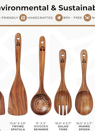 Wooden Spoons for Cooking – Wooden Kitchen Utensils Set, 6 Pcs Teak Wood Utensil Set – Comfortable Grip Non–Stick Wooden Cooking Utensils - Kitchen Gifts for Women Men, Cooking Gifts for Men Women