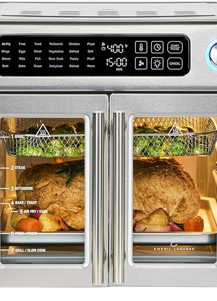 Emeril Lagasse Extra Large French Door Air Fryer Toaster Oven Combo, 24 Cooking Functions and Digital Controls, 7 Accessories Included, Stainless Steel Finish, 26QT Capacity