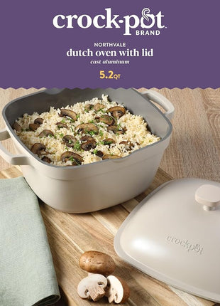 Crock-Pot Northvale Cast Aluminum Lightweight Durable 5.2 Quart Heavy Duty Dutch Oven Pot With Lid, Oven Safe, Dual Handles - Matte Linen White