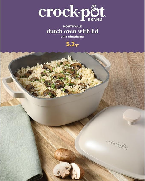 Crock-Pot Northvale Cast Aluminum Lightweight Durable 5.2 Quart Heavy Duty Dutch Oven Pot With Lid, Oven Safe, Dual Handles - Matte Linen White