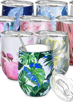 THILY Stemless Wine Tumbler Vacuum Insulated 12 oz Triple-Insulated Stainless Steel Wine Glass with Lid, Straw, Keep Cold for Coffee, Cocktails, Green Plants