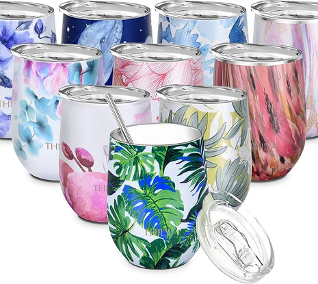 THILY Stemless Wine Tumbler Vacuum Insulated 12 oz Triple-Insulated Stainless Steel Wine Glass with Lid, Straw, Keep Cold for Coffee, Cocktails, Green Plants