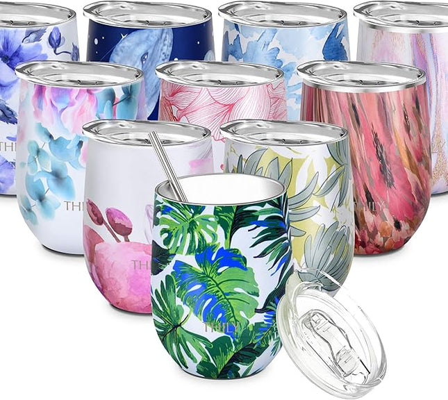 THILY Stemless Wine Tumbler Vacuum Insulated 12 oz Triple-Insulated Stainless Steel Wine Glass with Lid, Straw, Keep Cold for Coffee, Cocktails, Green Plants