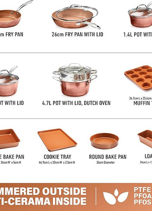 Gotham Steel Hammered 15 Pc Ceramic Cookware Set Nonstick, Deep Copper Pots and Pans Set Non Stick with Bakeware & Deep Fry Pan, Non Toxic PFOA PFOS Free, Induction Oven and Dishwasher Safe