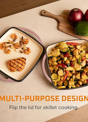 Bruntmor 2-in-1 Square Enamel Cast Iron Dutch Oven Baking Pan with Handles, Purple Baking Pans Set with Cast Iron Skillet, Braising Pan for Casserole Dish with lid, Oven Safe