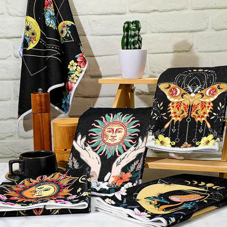 Boyiee Set of 6 Witchy Kitchen Towels Boho Tea Towels Absorbent Mushroom Floral Dish Towels 24 x 16'' Gothic Dish Towels Sun Moon Star Butterfly Hand Towels Gifts for Farmhouse Kitchen Bathroom