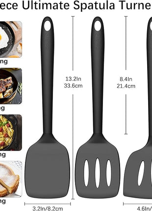 Coukre 3 Pack Silicone Spatula Set, High Heat Resistant, BPA-Free, Fish Spatula, Solid & Slotted Turner for Non-Stick Pans, Flipping Eggs, Pancakes, Fish, Burgers (3, PureBlack)