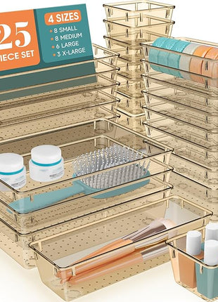 WOWBOX 25 PCS Plastic Drawer Organizer Set, 4 Sizes Desk Drawer Divider Organizers and Storage Bins for Makeup, Jewelry, Gadgets for Kitchen, Bedroom, Bathroom, Office, Clear Champagne