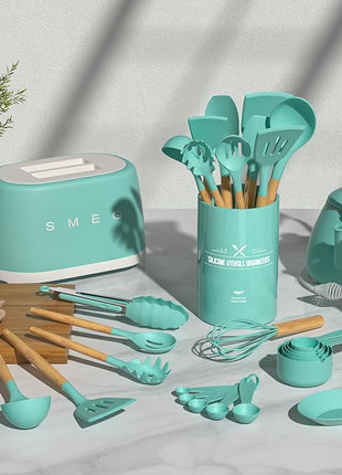 Umite Chef Kitchen Cooking Utensils Set, 24 pcs Non-stick Silicone Cooking Kitchen Utensils Spatula Set with Holder, Wooden Handle Heat Resistant Silicone Kitchen Gadgets Utensil Set (Green)