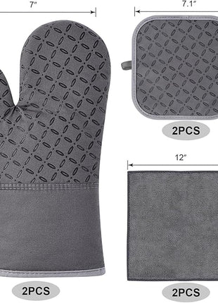 KEGOUU Oven Mitts and Pot Holders 6pcs Set, Kitchen Oven Glove High Heat Resistant 500 Degree Extra Long Oven Mitts and Potholder with Non-Slip Silicone Surface for Cooking (Grey)