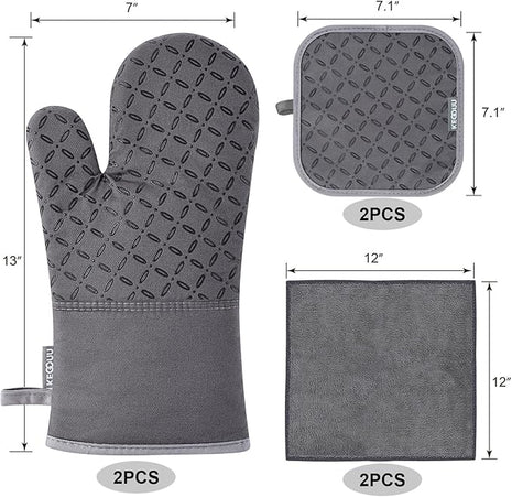 KEGOUU Oven Mitts and Pot Holders 6pcs Set, Kitchen Oven Glove High Heat Resistant 500 Degree Extra Long Oven Mitts and Potholder with Non-Slip Silicone Surface for Cooking (Grey)