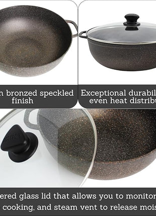 IMUSA 3.5qt Fuzion Cast Aluminum Bronze Speckled Nonstick Caldero with Glass Lid, Black - 24cm