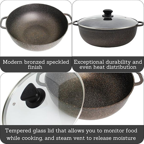 IMUSA 3.5qt Fuzion Cast Aluminum Bronze Speckled Nonstick Caldero with Glass Lid, Black - 24cm