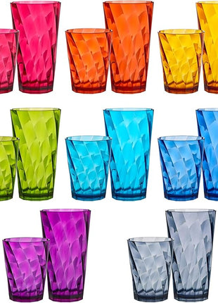 US Acrylic Optix Plastic Reusable Drinking Glasses (Set of 16) 14oz Rocks & 20oz Water Cups in Jewel Tone Colors | BPA-Free Tumblers, Made in USA | Top-Rack Dishwasher Safe
