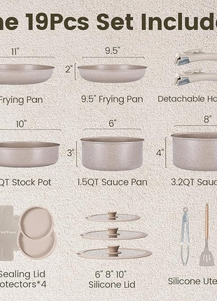 Chef Power Ceramic Nonstick Pots and Pans Set 19 Piece with Detachable Handle, Induction Dishwasher Oven Safe Cookware Set, RV Kitchen Set Removable Handle, Mocca Taupe