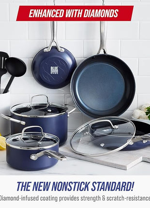 Blue Diamond 10 Piece Nonstick Cookware Set, Diamond Ceramic Pots & Pans, Dishwasher & Metal Utensil Safe, Non Toxic PFAS-Free, Kitchen Cooking Sauce & Saute Pans, Oven & Broiler to 600F, Blue
